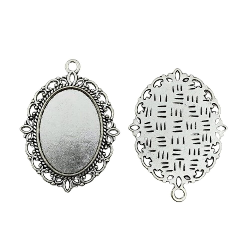 2982 24PC Antique Silver Charms Oval Bezel Pendants Trays Blank Cabochons